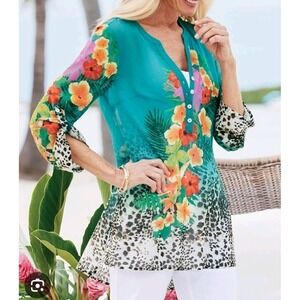 Soft Surroundings Tropical Floral Tunic Top Teal Button Neck Leopard Hem Sz L